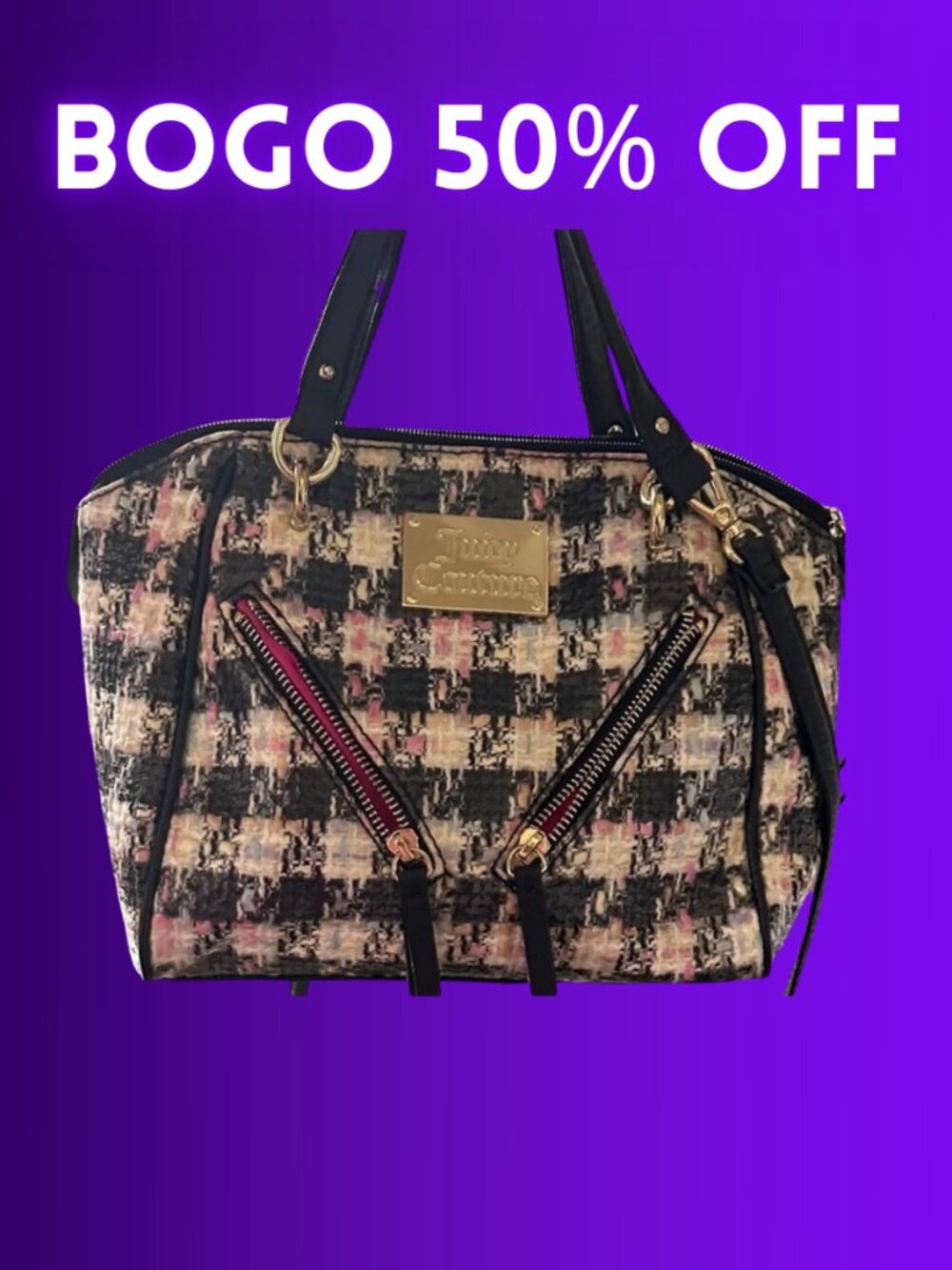 JUICY COUTURE Tweeds Satchel Bowler ** Bag Pink Black ** Gold Hardware ** Y2K